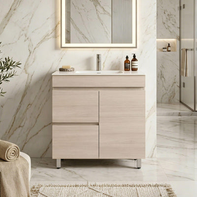LUKKA CAMDEN MODERN COASTAL OAK 900MM SINGLE BOWL FLOOR STANDING VANITY (AVAILABLE IN LEFT AND RIGHT HAND DRAWER)