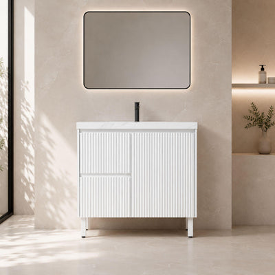 LUKKA CRETE MODERN MATTE WHITE 900MM SINGLE BOWL FLOOR STANDING VANITY (AVAILABLE IN LEFT AND RIGHT HAND DRAWER)