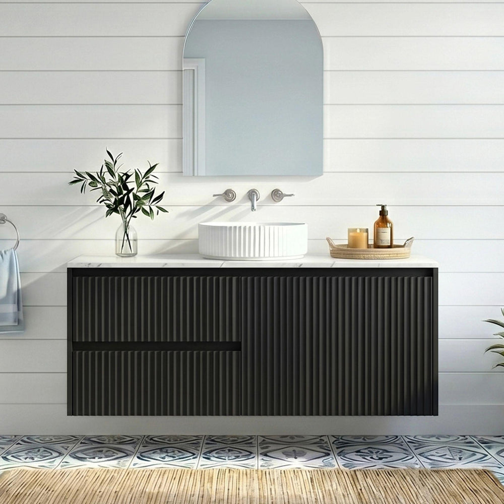 LUKKA CRETE MODERN MATTE BLACK 900MM SINGLE BOWL WALL HUNG VANITY (AVAILABLE IN LEFT AND RIGHT HAND DRAWER)