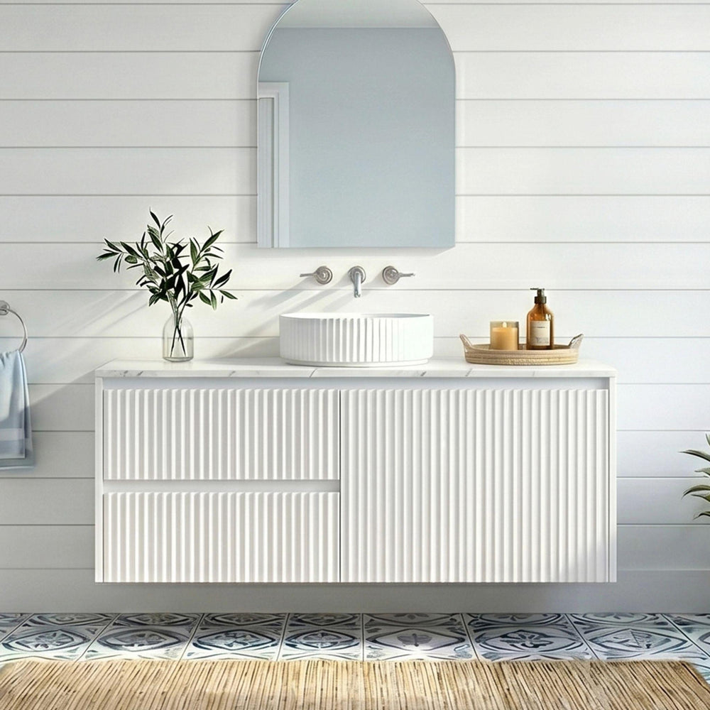 LUKKA CRETE MODERN MATTE WHITE 900MM SINGLE BOWL WALL HUNG VANITY (AVAILABLE IN LEFT AND RIGHT HAND DRAWER)
