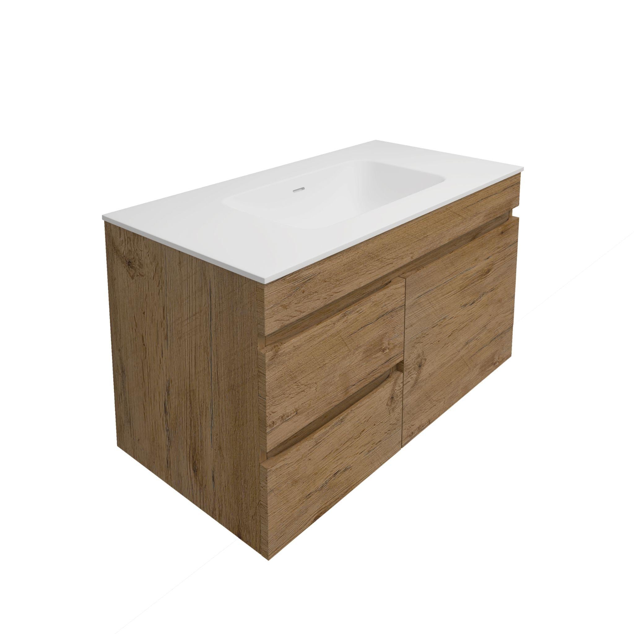 LUKKA CAMDEN MODERN PRIME OAK 900MM SINGLE BOWL WALL HUNG VANITY (AVAILABLE IN LEFT AND RIGHT HAND DRAWER)