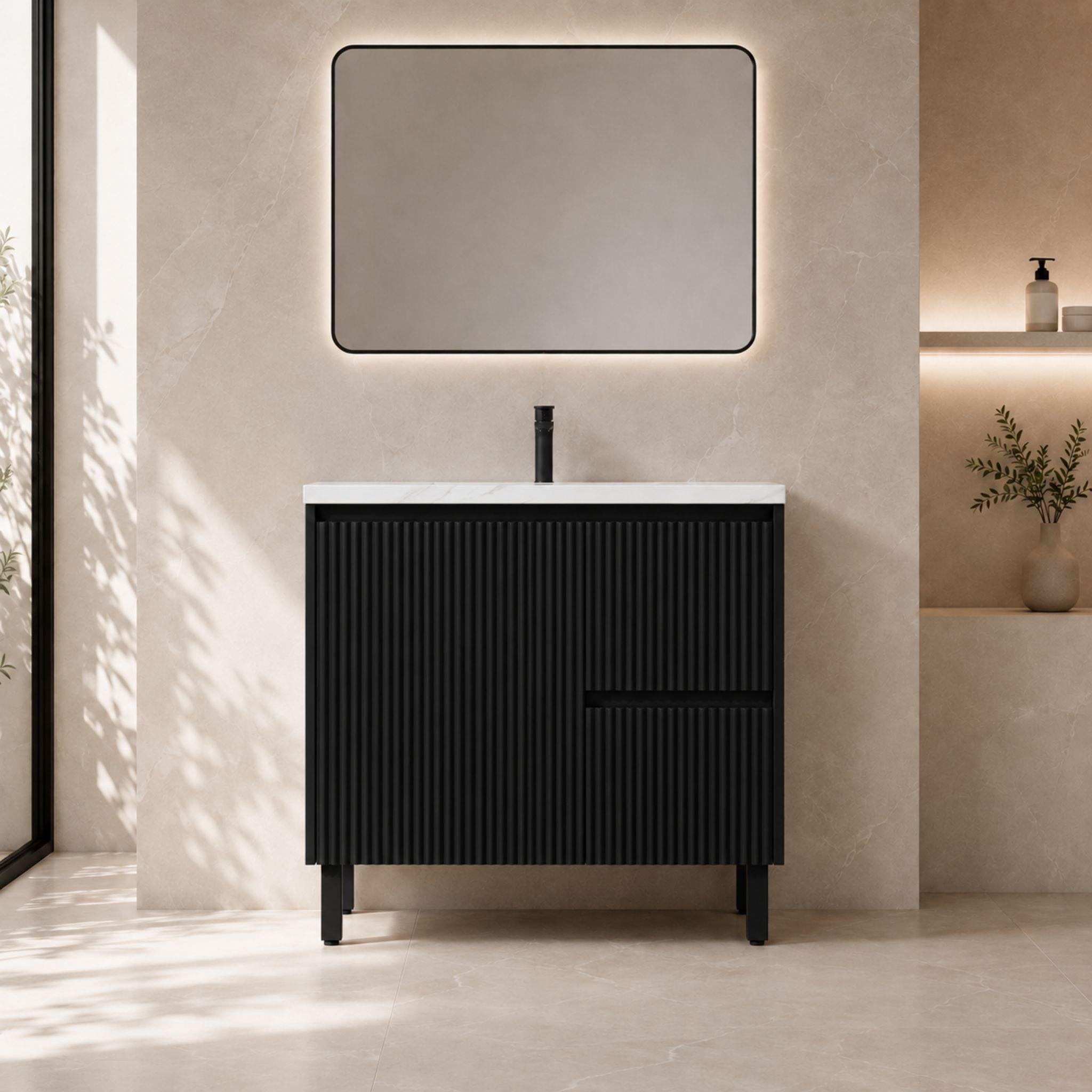 LUKKA CRETE MODERN MATTE BLACK 900MM SINGLE BOWL FLOOR STANDING VANITY (AVAILABLE IN LEFT AND RIGHT HAND DRAWER)