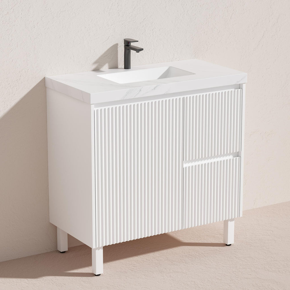 LUKKA CRETE MODERN MATTE WHITE 900MM SINGLE BOWL FLOOR STANDING VANITY (AVAILABLE IN LEFT AND RIGHT HAND DRAWER)
