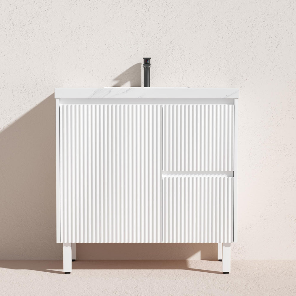 LUKKA CRETE MODERN MATTE WHITE 900MM SINGLE BOWL FLOOR STANDING VANITY (AVAILABLE IN LEFT AND RIGHT HAND DRAWER)