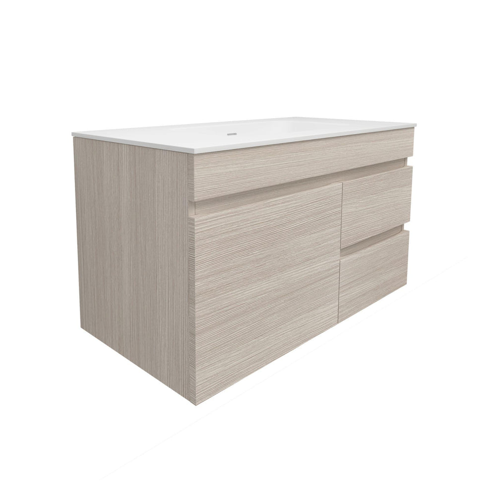LUKKA CAMDEN MODERN COASTAL OAK 900MM SINGLE BOWL WALL HUNG VANITY (AVAILABLE IN LEFT AND RIGHT HAND DRAWER)