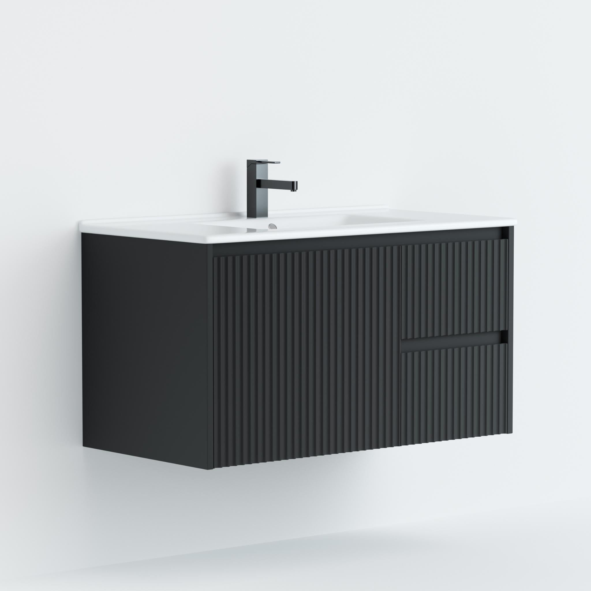 LUKKA CRETE MODERN MATTE BLACK 900MM SINGLE BOWL WALL HUNG VANITY (AVAILABLE IN LEFT AND RIGHT HAND DRAWER)