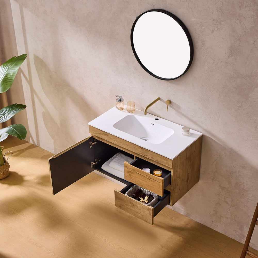 LUKKA CAMDEN MODERN PRIME OAK 900MM SINGLE BOWL WALL HUNG VANITY (AVAILABLE IN LEFT AND RIGHT HAND DRAWER)