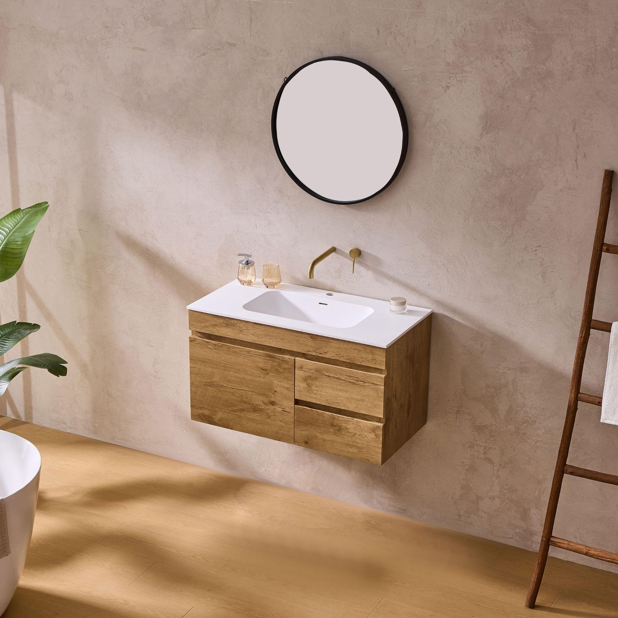 LUKKA CAMDEN MODERN PRIME OAK 900MM SINGLE BOWL WALL HUNG VANITY (AVAILABLE IN LEFT AND RIGHT HAND DRAWER)