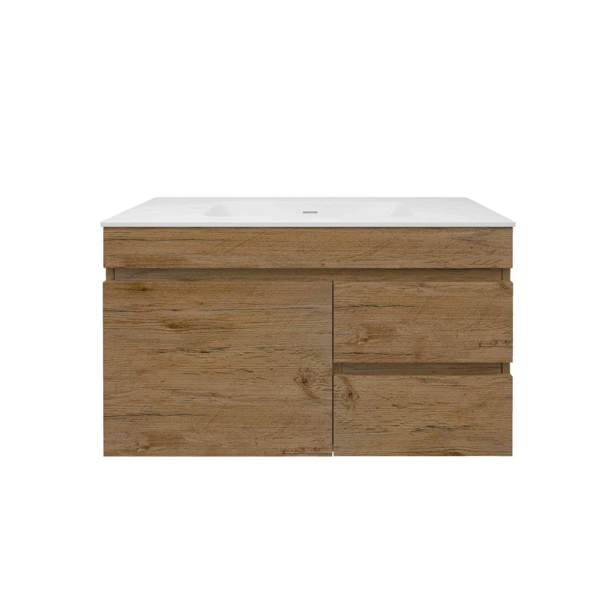 LUKKA CAMDEN MODERN PRIME OAK 900MM SINGLE BOWL WALL HUNG VANITY (AVAILABLE IN LEFT AND RIGHT HAND DRAWER)