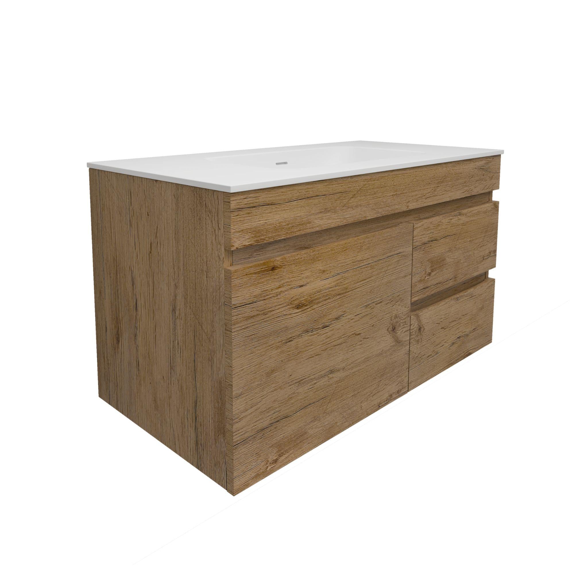 LUKKA CAMDEN MODERN PRIME OAK 900MM SINGLE BOWL WALL HUNG VANITY (AVAILABLE IN LEFT AND RIGHT HAND DRAWER)