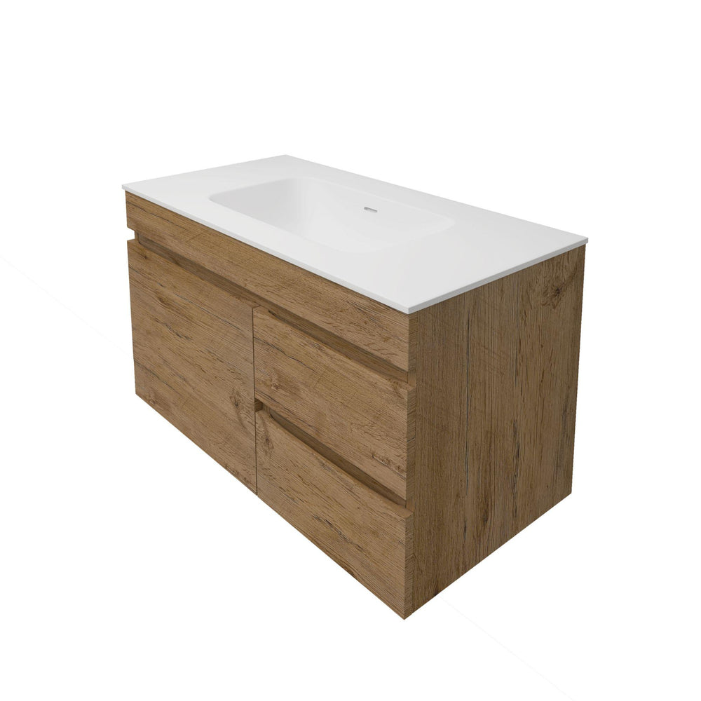 LUKKA CAMDEN MODERN PRIME OAK 900MM SINGLE BOWL WALL HUNG VANITY (AVAILABLE IN LEFT AND RIGHT HAND DRAWER)