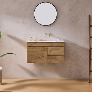 LUKKA CAMDEN MODERN PRIME OAK 900MM SINGLE BOWL WALL HUNG VANITY (AVAILABLE IN LEFT AND RIGHT HAND DRAWER)