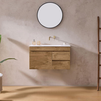 LUKKA CAMDEN MODERN PRIME OAK 900MM SINGLE BOWL WALL HUNG VANITY (AVAILABLE IN LEFT AND RIGHT HAND DRAWER)