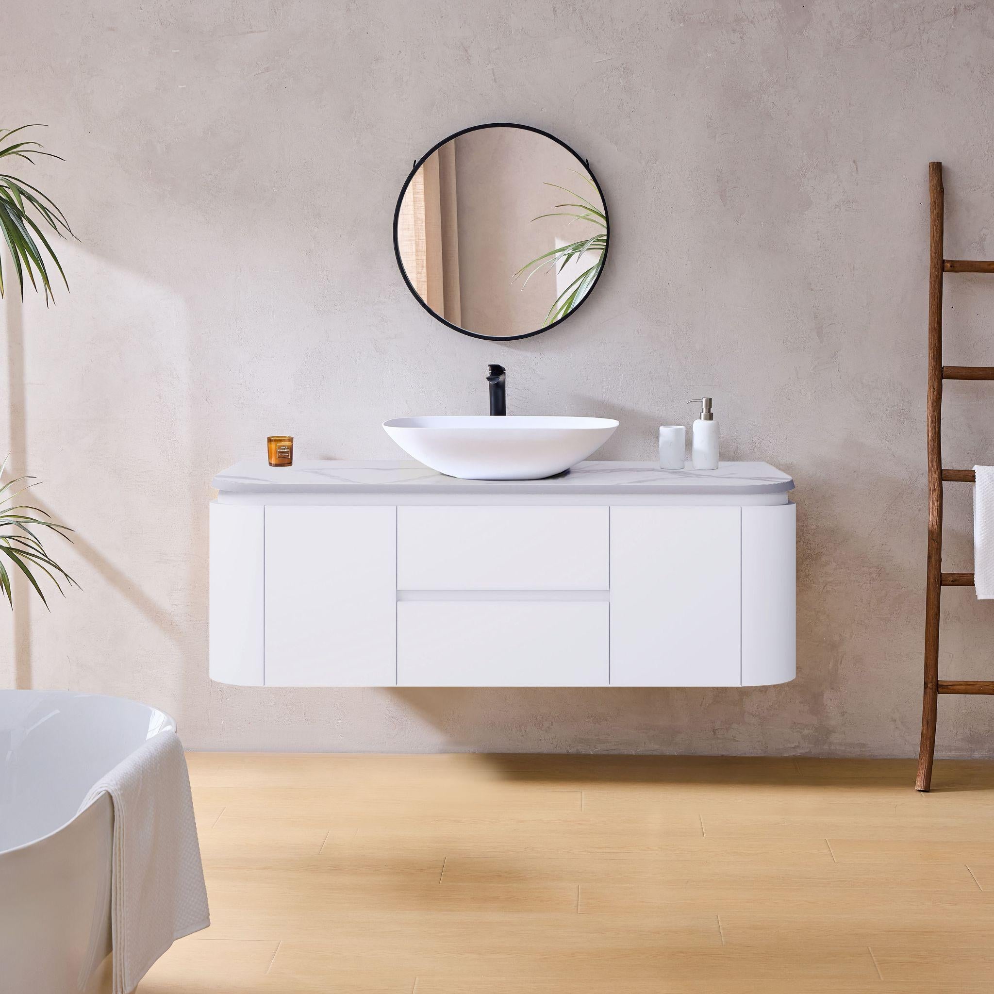 LUKKA DEVITO MATTE WHITE 1500MM CURVE SINGLE BOWL WALL HUNG VANITY