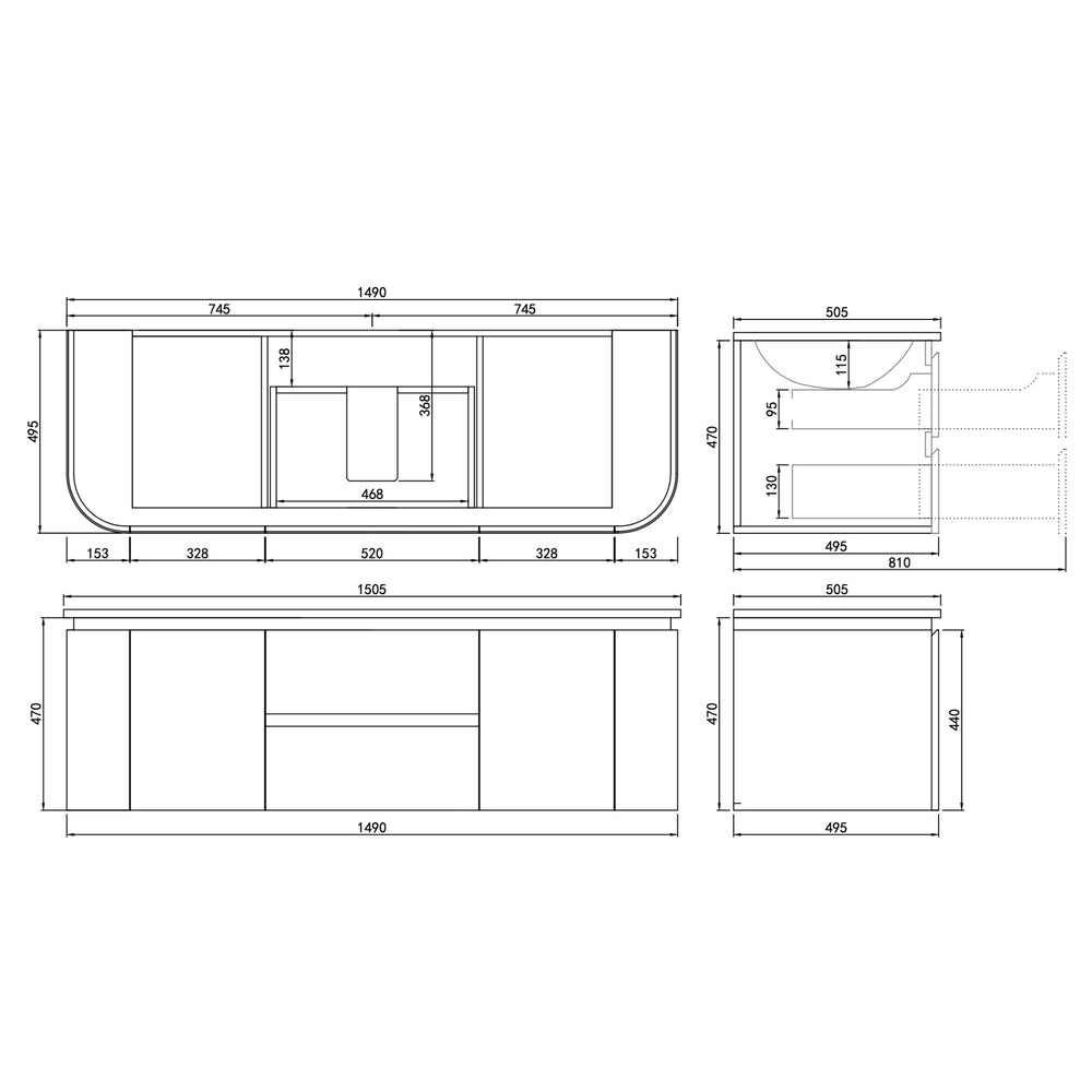 LUKKA DEVITO WHITE 1500MM CURVE DOUBLE BOWL WALL HUNG VANITY