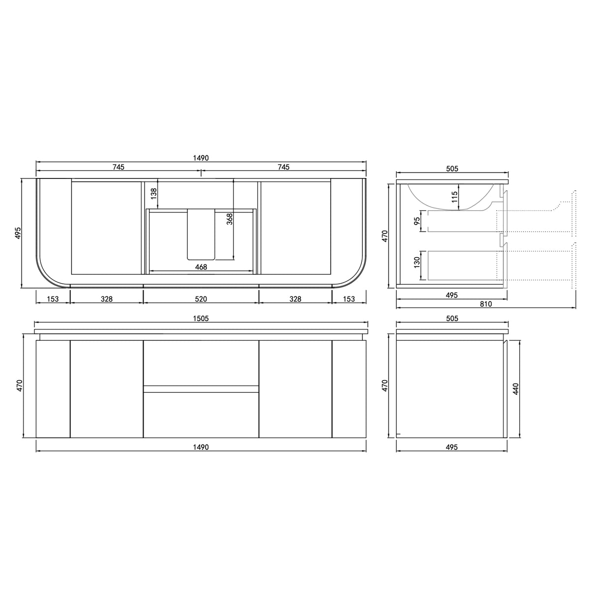 LUKKA DEVITO WHITE 1500MM CURVE DOUBLE BOWL WALL HUNG VANITY