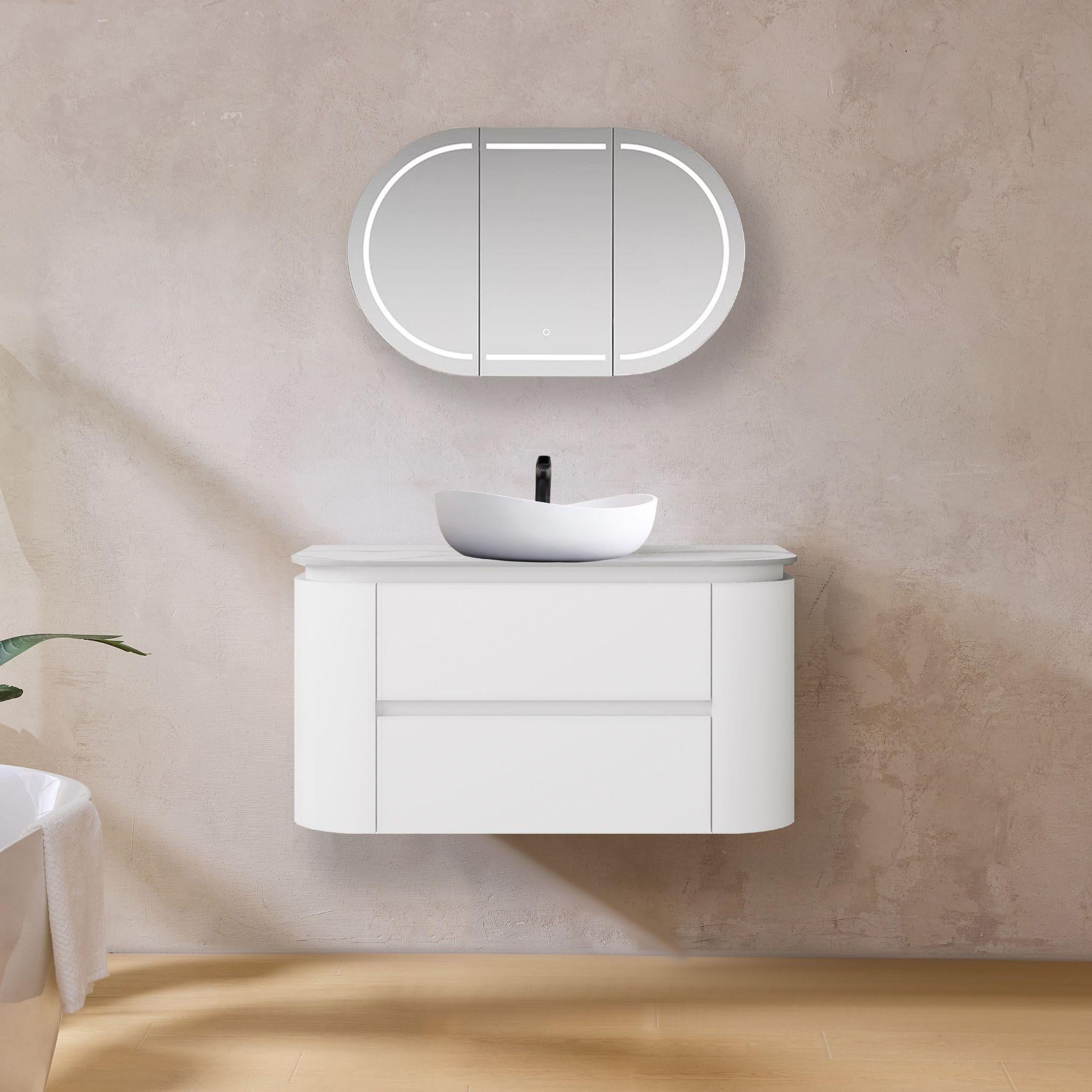LUKKA DEVITO MATTE WHITE 900MM CURVE SINGLE BOWL WALL HUNG VANITY