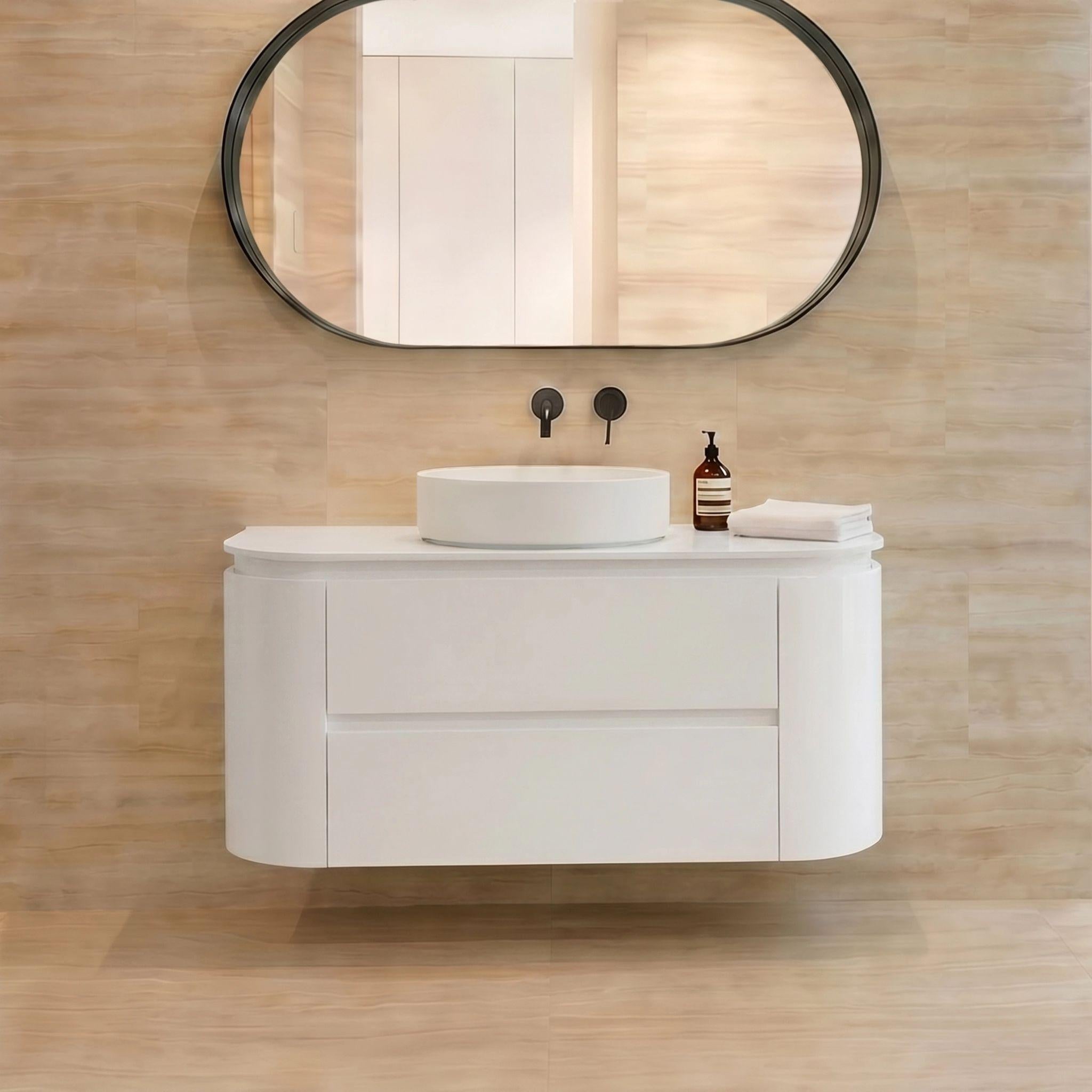 LUKKA DEVITO MATTE WHITE 900MM CURVE SINGLE BOWL WALL HUNG VANITY