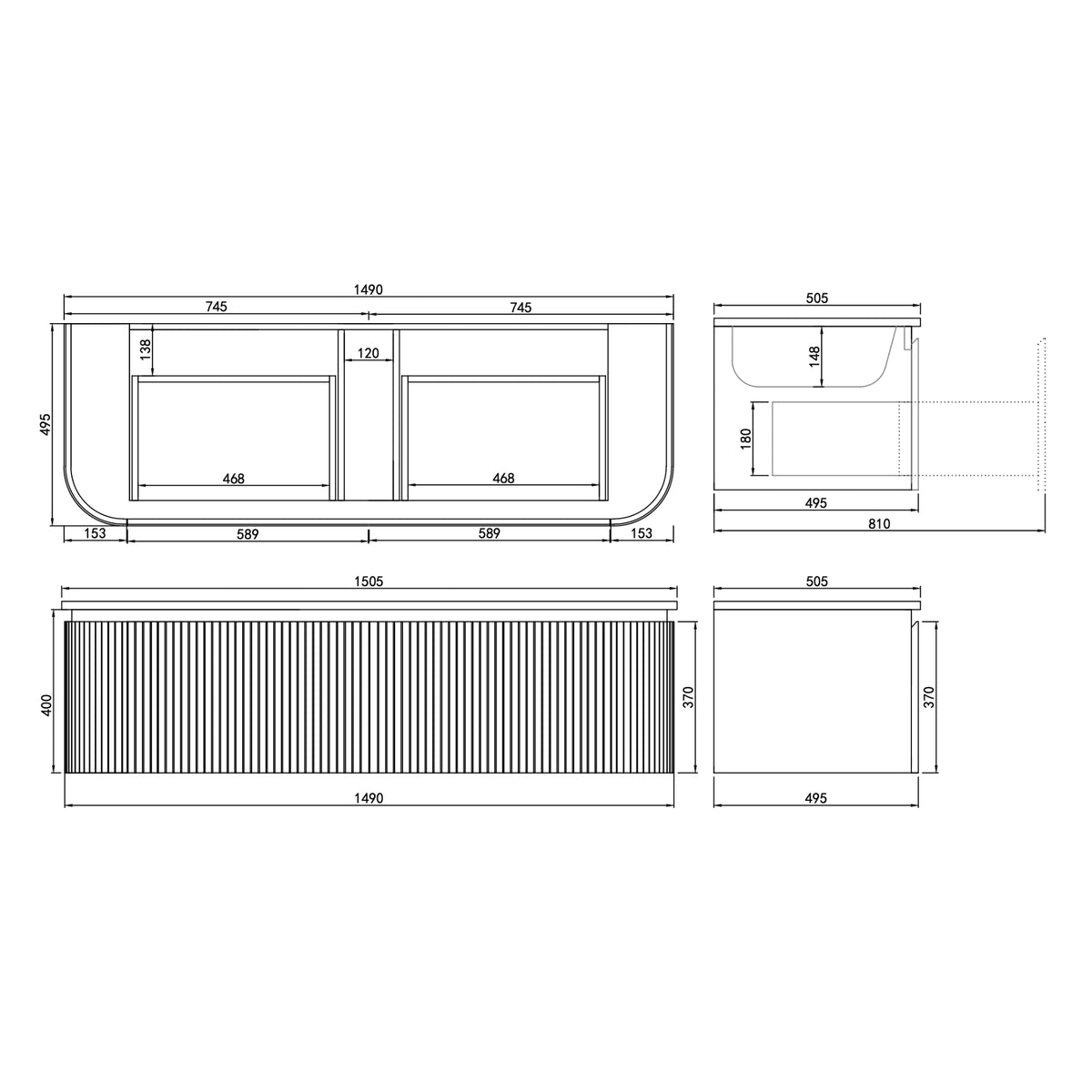 LUKKA ESTELLA MATTE WHITE 1500MM CURVE SINGLE BOWL WALL HUNG VANITY