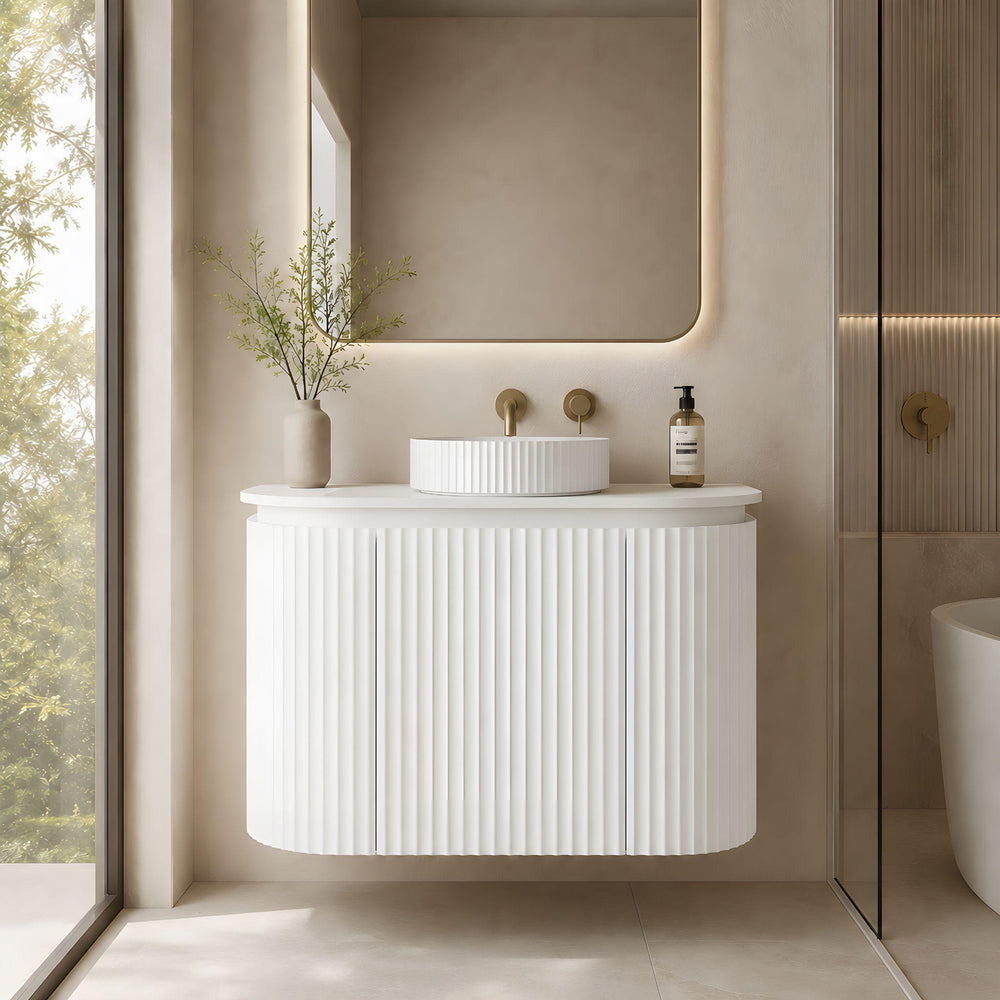 LUKKA ESTELLA MATTE WHITE 600MM CURVE SINGLE BOWL WALL HUNG VANITY