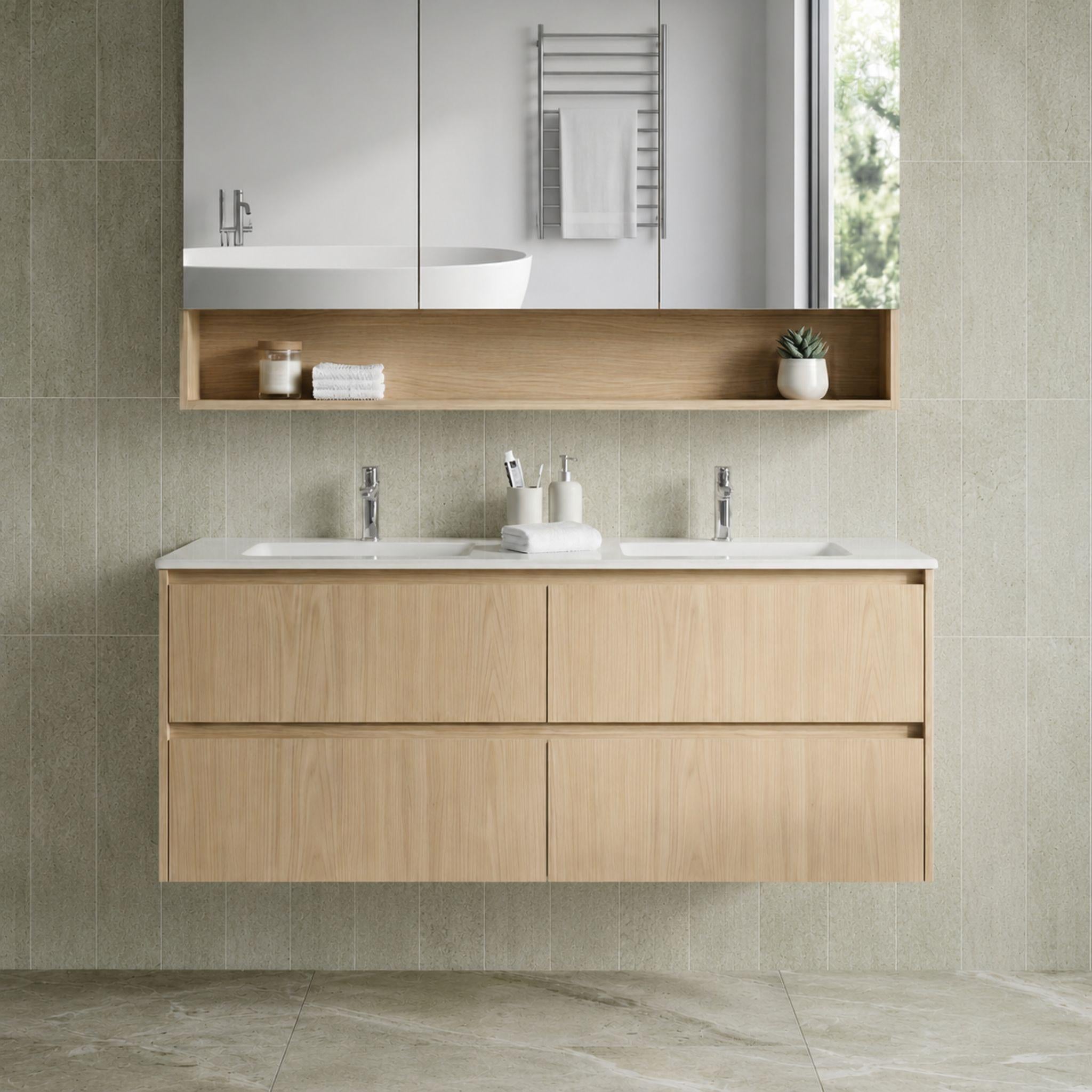 LUKKA GLADSTONE MODERN SANDY OAK 1200MM DOUBLE BOWL WALL HUNG VANITY