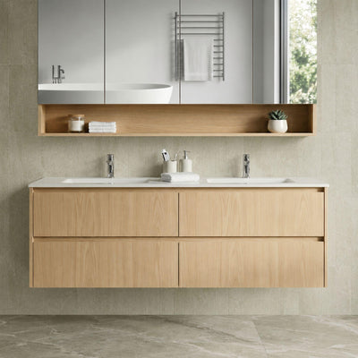 LUKKA GLADSTONE MODERN SANDY OAK 1500MM DOUBLE BOWL WALL HUNG VANITY