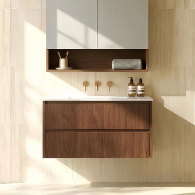 LUKKA GLADSTONE MODERN MOCHA OAK 900MM SINGLE BOWL WALL HUNG VANITY