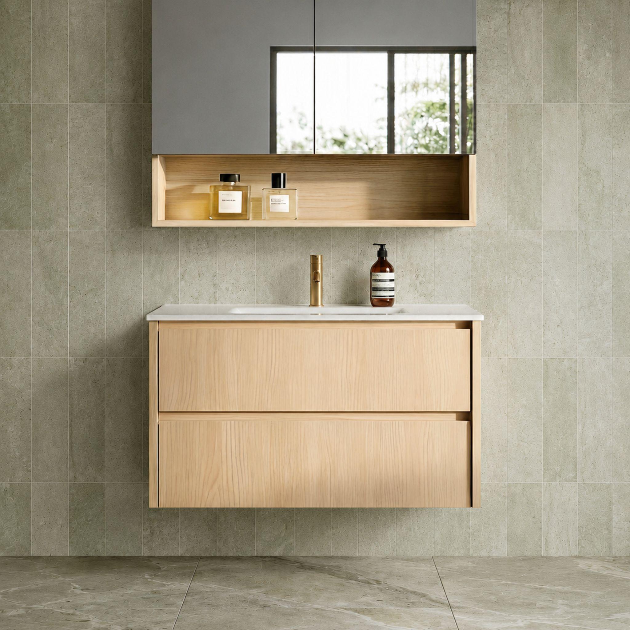 LUKKA GLADSTONE MODERN SANDY OAK 900MM SINGLE BOWL WALL HUNG VANITY