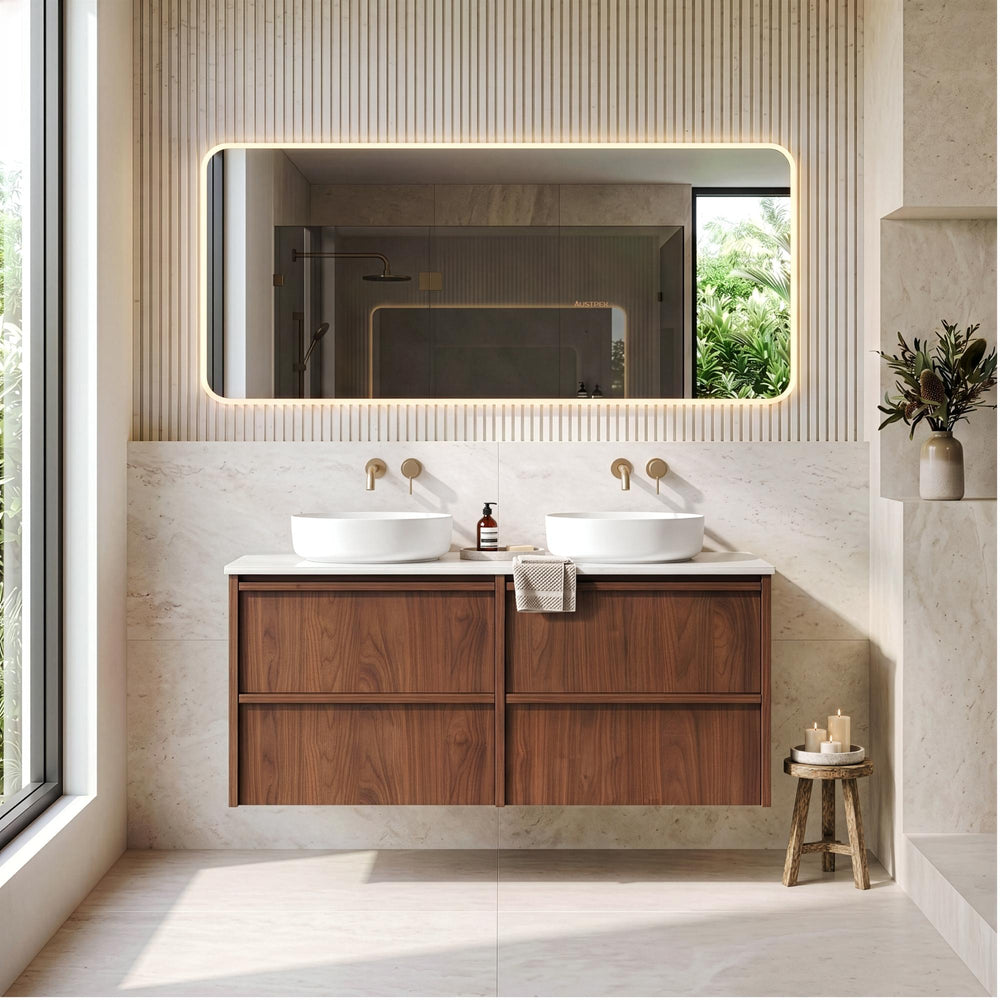 LUKKA RIDGEWOOD MODERN MOCHA OAK 1200MM DOUBLE BOWL WALL HUNG VANITY