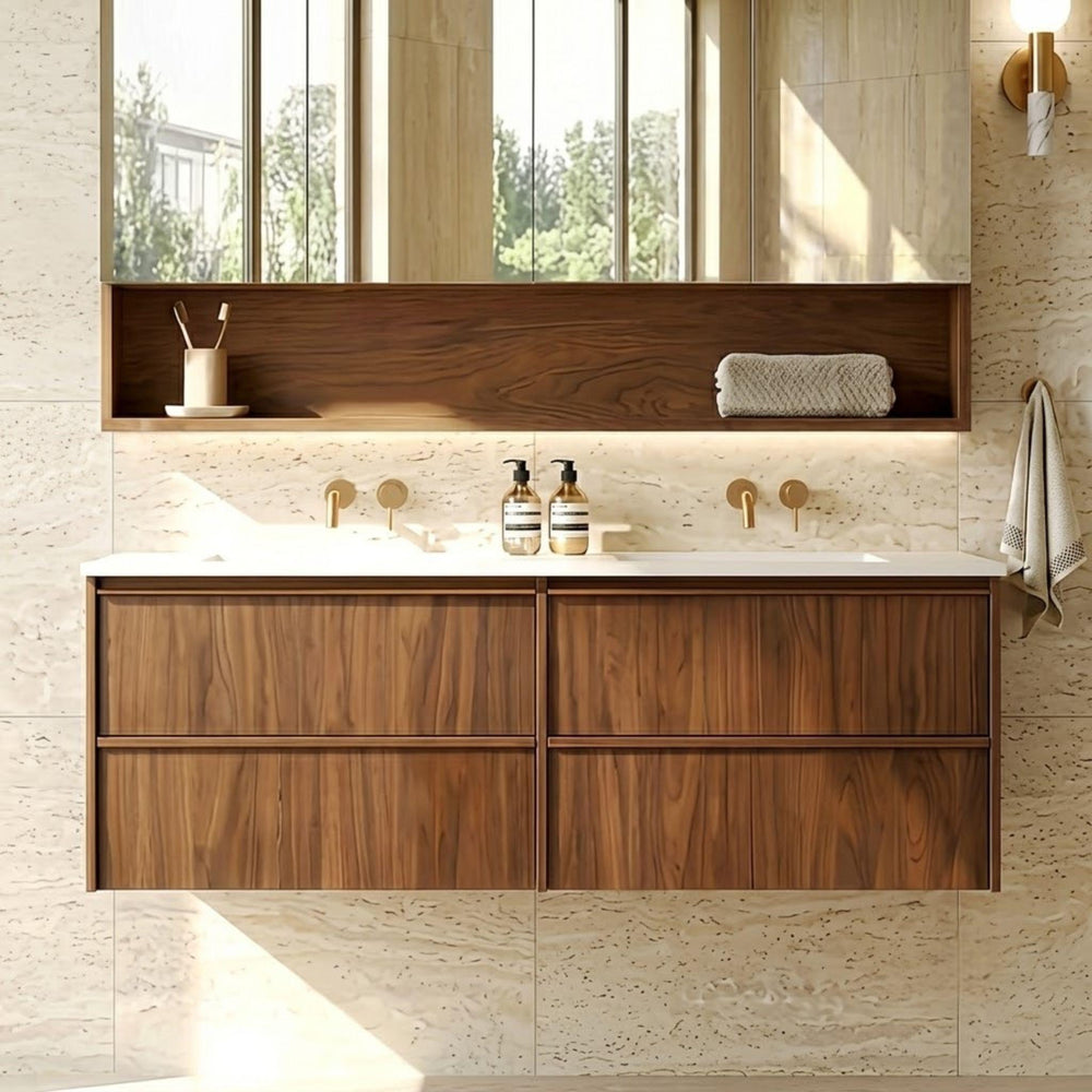 LUKKA RIDGEWOOD MODERN MOCHA OAK 1500MM DOUBLE BOWL WALL HUNG VANITY