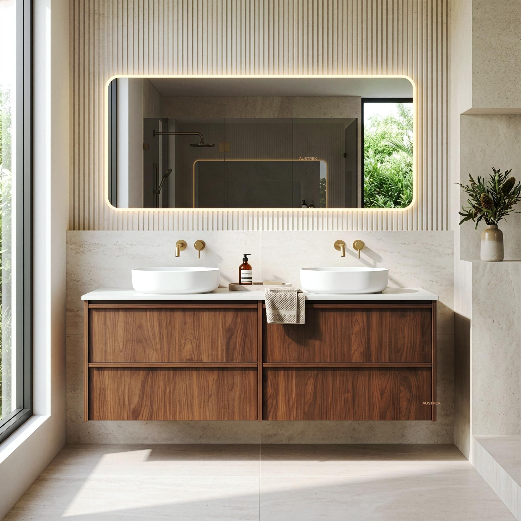LUKKA RIDGEWOOD MODERN MOCHA OAK 1500MM DOUBLE BOWL WALL HUNG VANITY