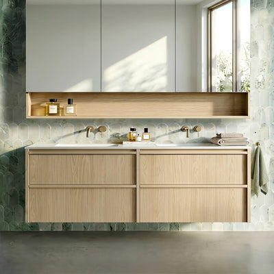 LUKKA RIDGEWOOD MODERN SANDY OAK 1500MM DOUBLE BOWL WALL HUNG VANITY