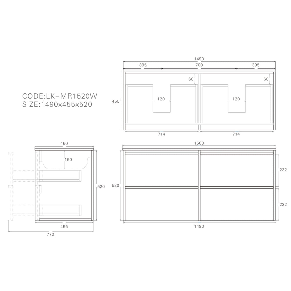 LUKKA RIDGEWOOD MODERN MOCHA OAK 1500MM DOUBLE BOWL WALL HUNG VANITY