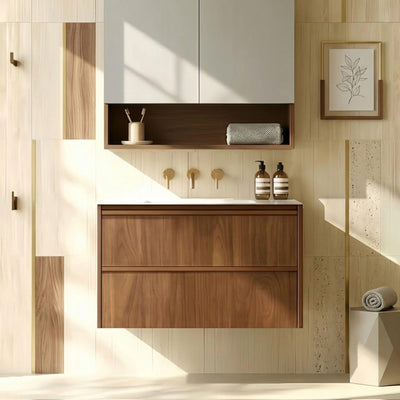 LUKKA RIDGEWOOD MODERN MOCHA OAK 750MM SINGLE BOWL WALL HUNG VANITY