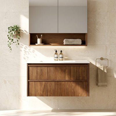 LUKKA RIDGEWOOD MODERN MOCHA OAK 900MM SINGLE BOWL WALL HUNG VANITY