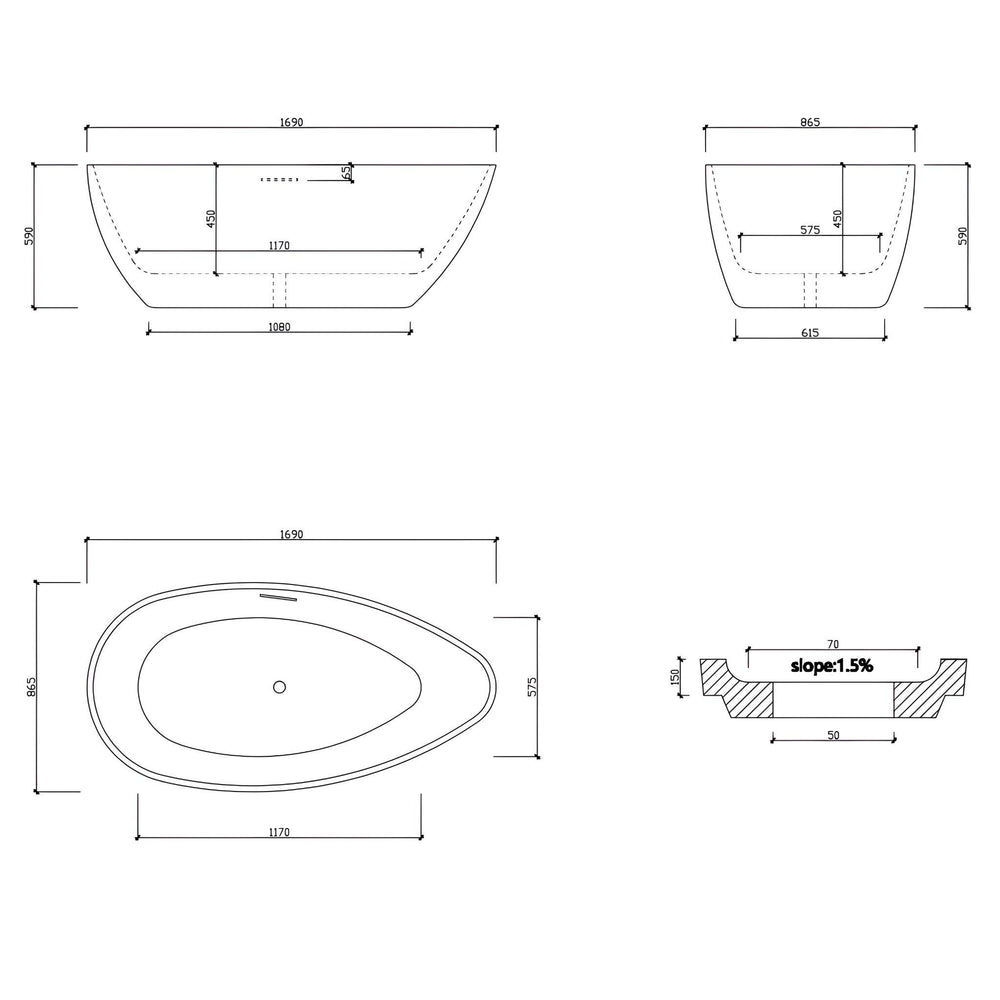 LUKKA NOVA SLIM FREESTANDING BATHTUB OVERFLOW GLOSS WHITE 1690MM