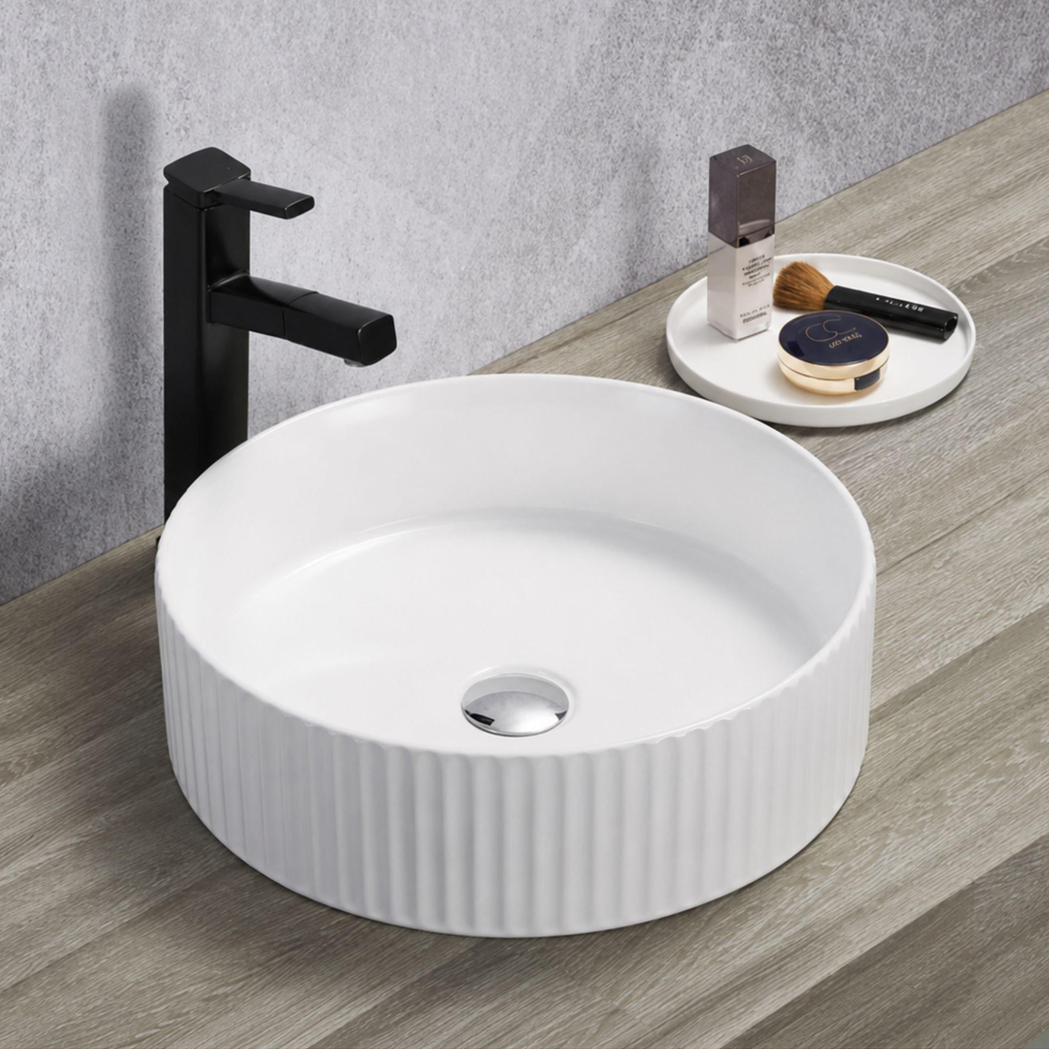 LUKKA OLLEY FLUTED CERAMIC ABOVE COUNTER BASIN GLOSS WHITE 400MM