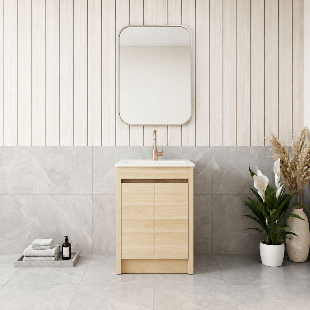 LUKKA PAKO NATURAL OAK FLAT PACK 600MM SINGLE BOWL FLOOR STANDING VANITY