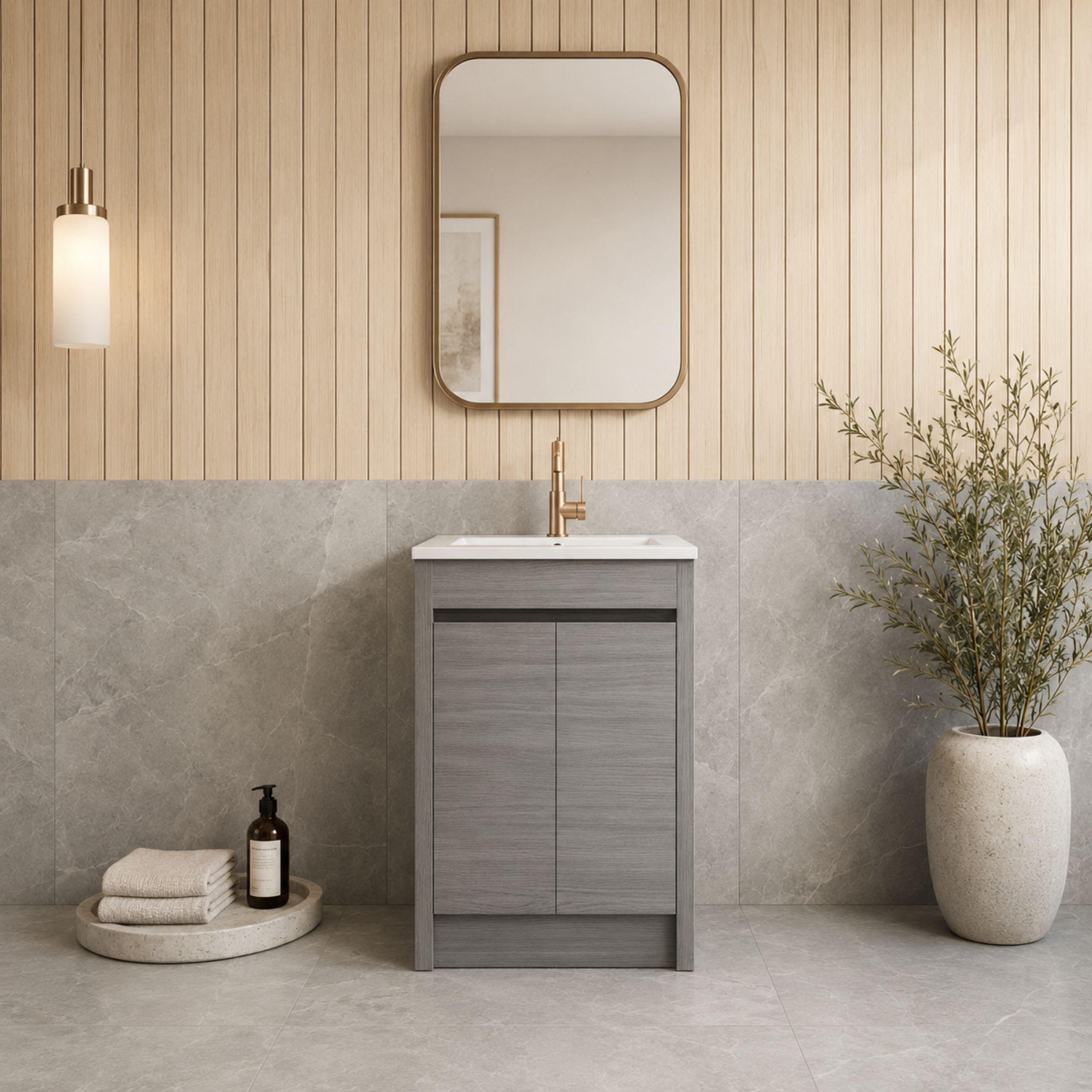 LUKKA PAKO GREY OAK FLAT PACK 600MM SINGLE BOWL FLOOR STANDING VANITY