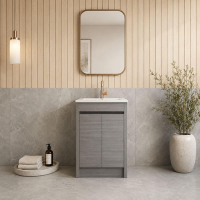LUKKA PAKO GREY OAK FLAT PACK 600MM SINGLE BOWL FLOOR STANDING VANITY