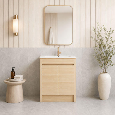 LUKKA PAKO NATURAL OAK FLAT PACK 750MM SINGLE BOWL FLOOR STANDING VANITY