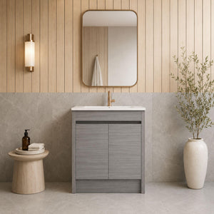 LUKKA PAKO GREY OAK FLAT PACK 750MM SINGLE BOWL FLOOR STANDING VANITY