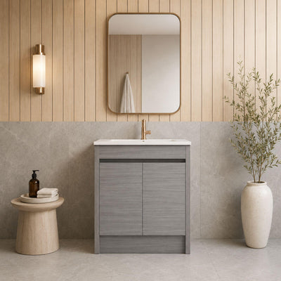 LUKKA PAKO GREY OAK FLAT PACK 750MM SINGLE BOWL FLOOR STANDING VANITY