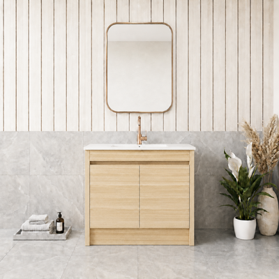 LUKKA PAKO NATURAL OAK FLAT PACK 900MM SINGLE BOWL FLOOR STANDING VANITY