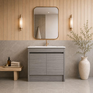 LUKKA PAKO GREY OAK FLAT PACK 900MM SINGLE BOWL FLOOR STANDING VANITY