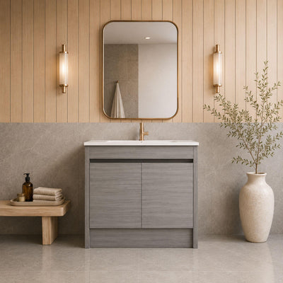 LUKKA PAKO GREY OAK FLAT PACK 900MM SINGLE BOWL FLOOR STANDING VANITY