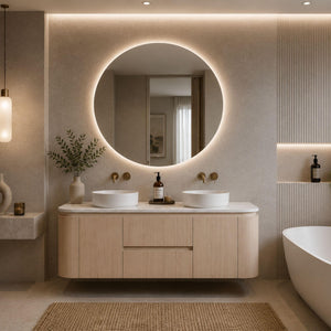 LUKKA RAVELLO SANDY OAK WOODMATT 1500MM DOUBLE BOWL WALL HUNG VANITY