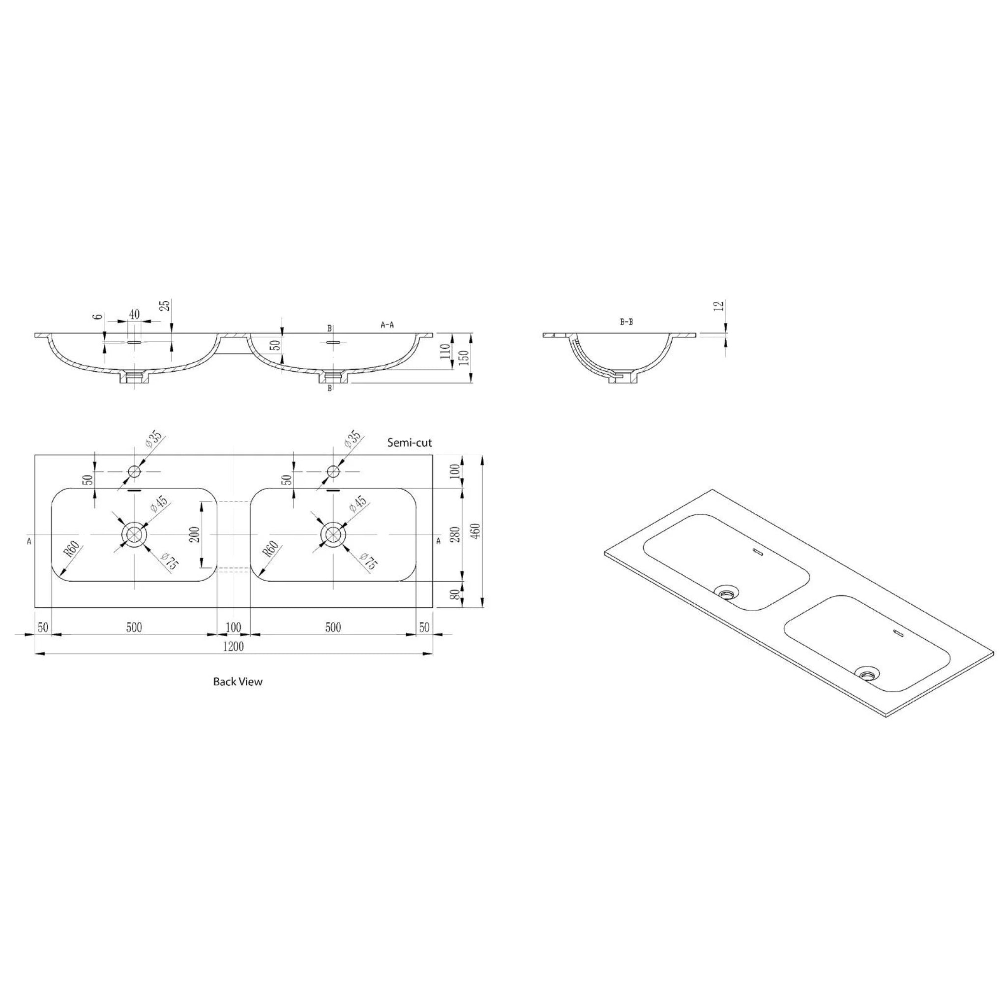 LUKKA CHASEY MATTE WHITE DOUBLE BOWL VANITY UNDERMOUNT TOP (AVAILABLE IN MULTIPLE SIZES)