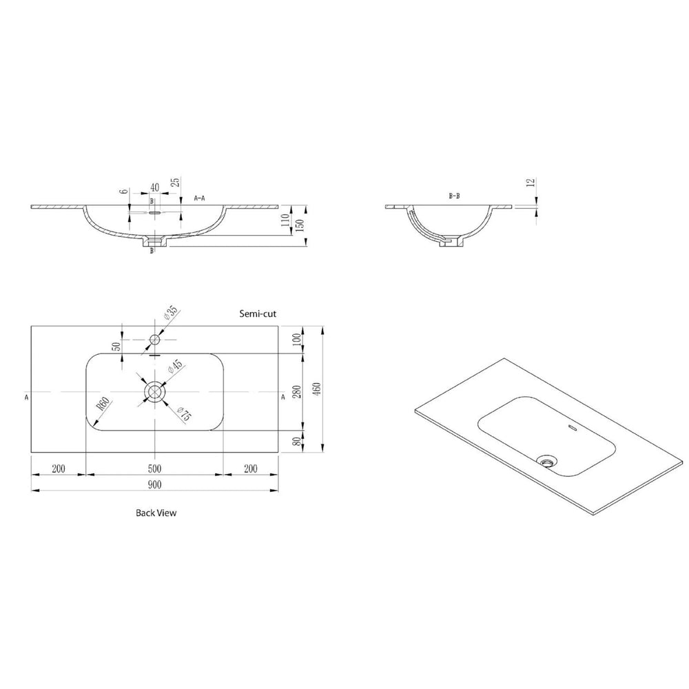 LUKKA CHASEY MATTE BLACK SINGLE BOWL VANITY UNDERMOUNT TOP (AVAILABLE IN MULTIPLE SIZES)