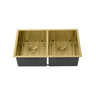 LUKKA KLIFF HAND MADE PVD STAINLESS STEEL DOUBLE BOWL UNDERMOUNT KITCHEN SINK CRYSTAL GOLD 775MM